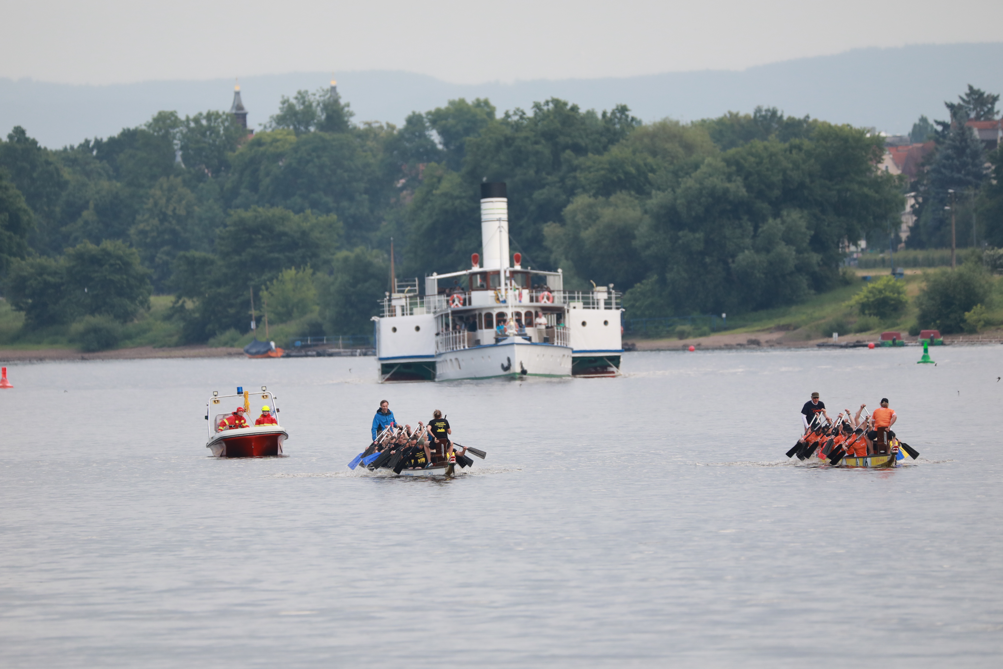 Three dragon boats racing on the Elbe in the background a steamer